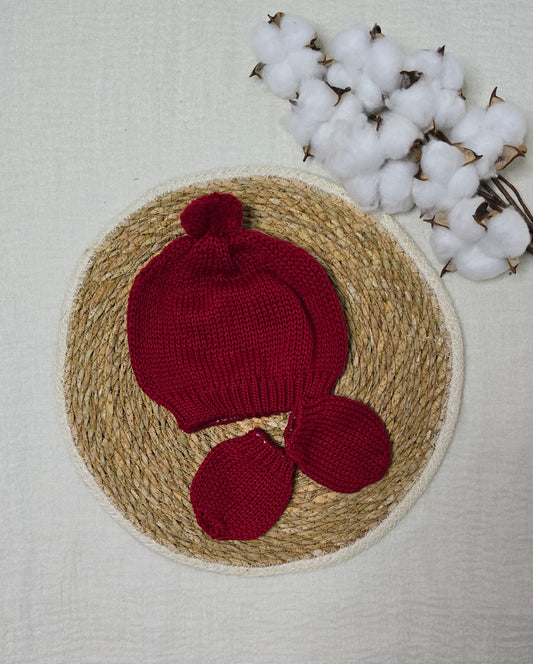 Gorro e luva em tricô Vermelho