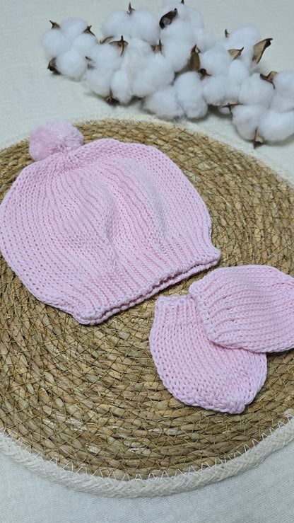 Gorro e luva em tricô Rosa