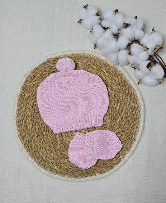 Gorro e luva em tricô Rosa
