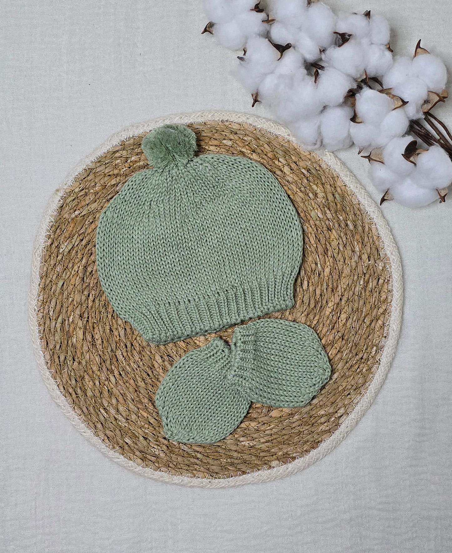 Gorro e luva em tricô Verde Mescla