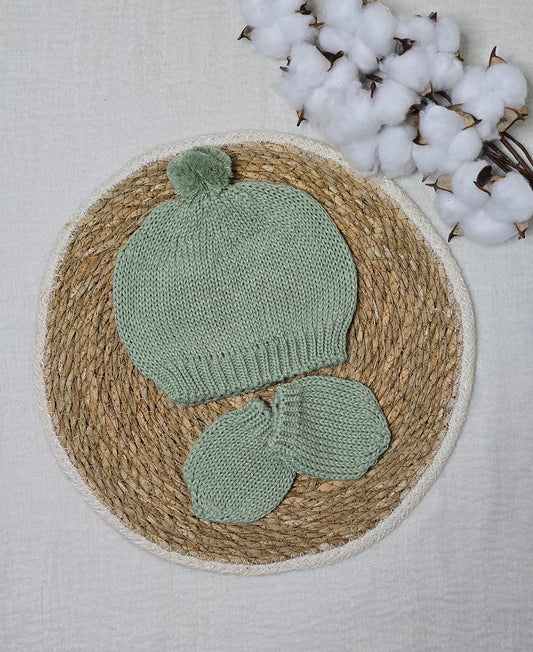 Gorro e luva em tricô Verde Mescla