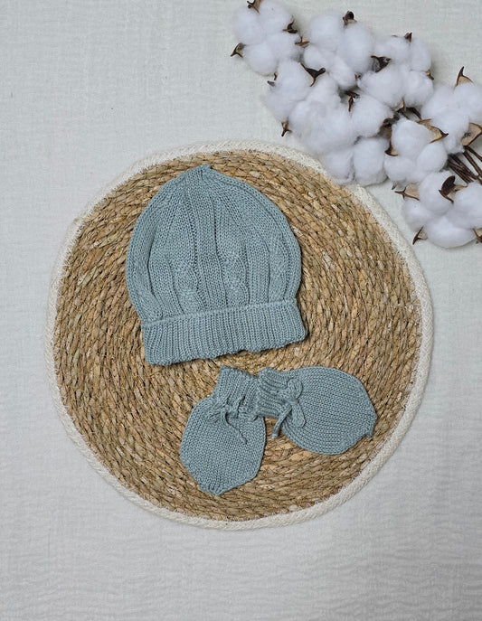 Gorro e luva em tricô Verde Maré