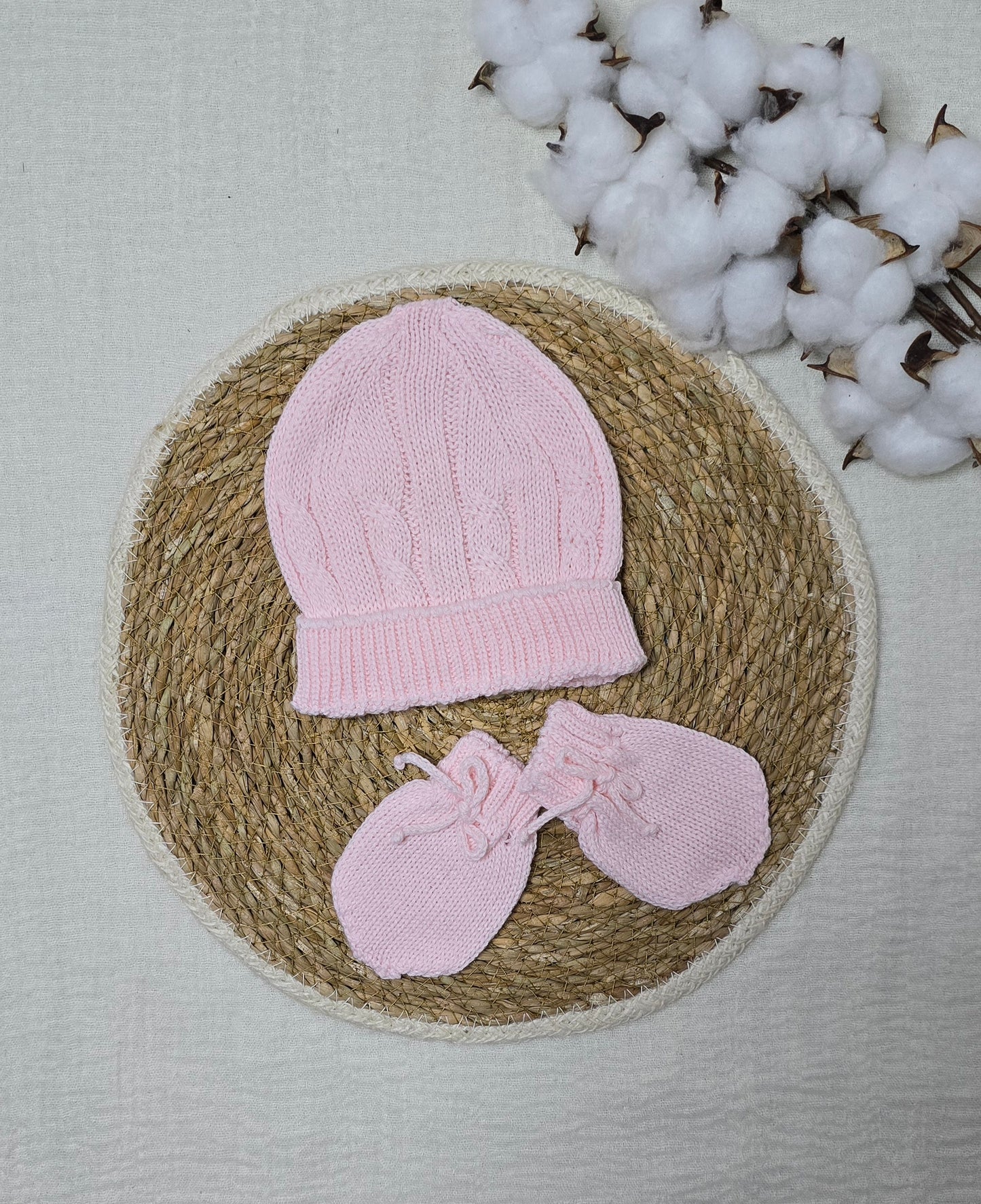 Gorro e luva em tricô Rosa