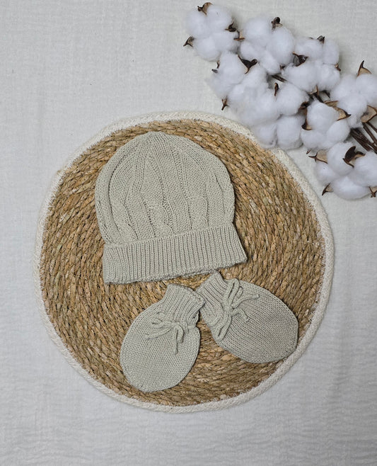 Gorro e luva em tricô Areia