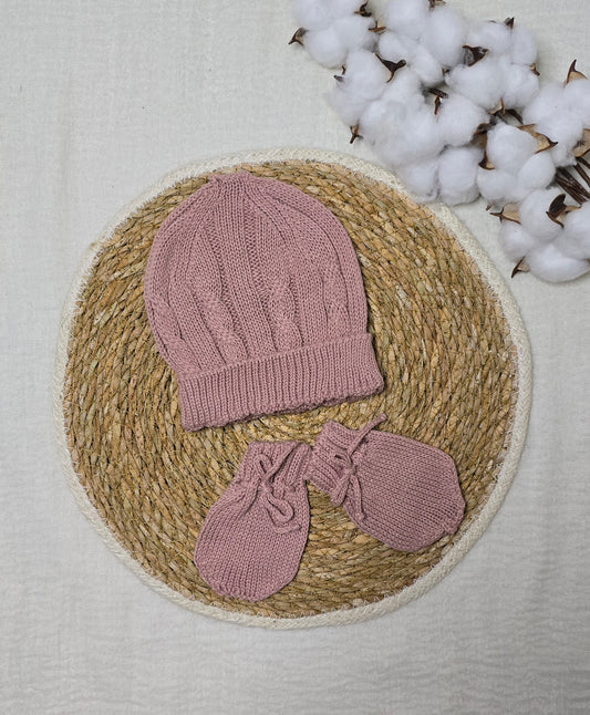 Gorro e luva em tricô Rosê