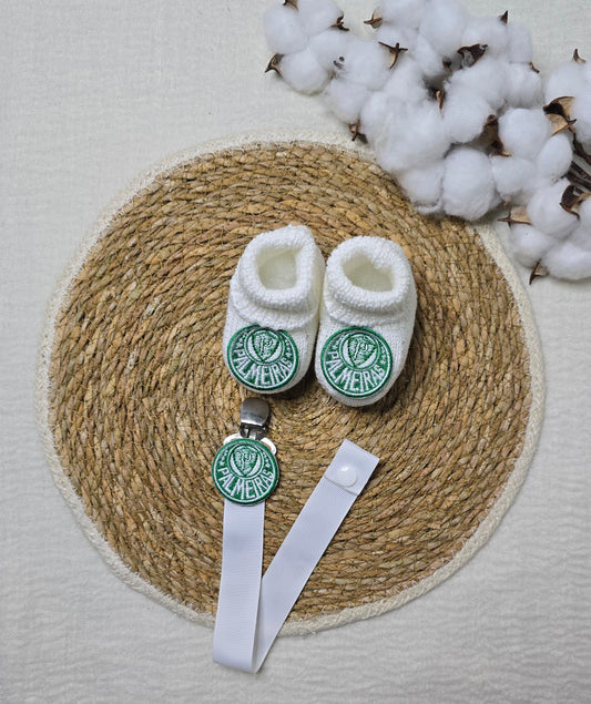 Botinha e Prendedor de Chupeta Palmeiras Branco