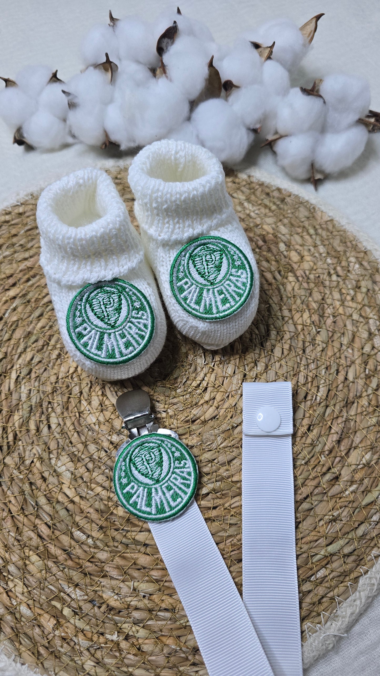 Botinha e Prendedor de Chupeta Palmeiras Branco