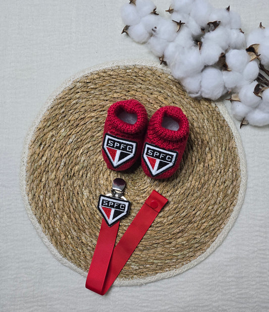 Botinha e Prendedor de Chupeta São Paulo Vermelho