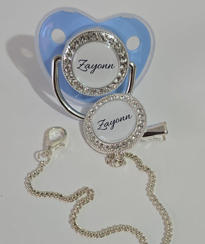 Chupeta e Prendedor Luxo Azul/Prata - Recém Nascido - Personalizado