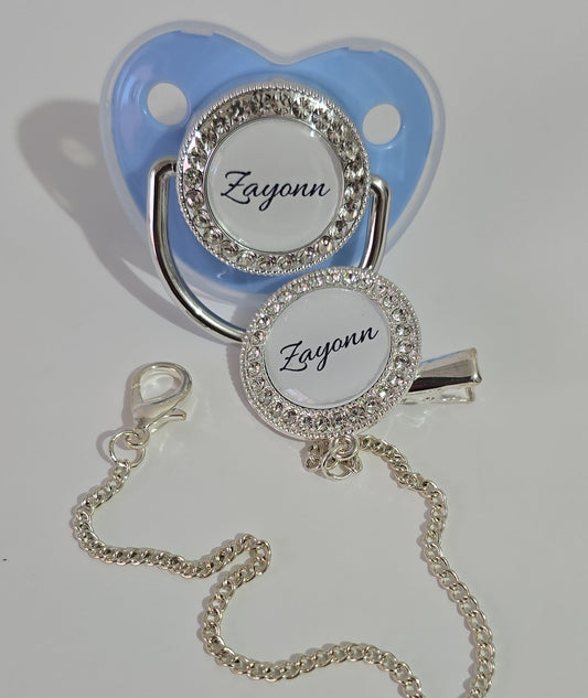 Chupeta e Prendedor Luxo Azul/Prata - Recém Nascido - Personalizado