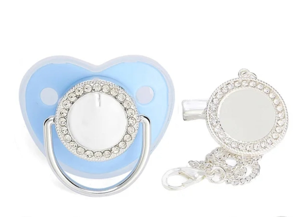 Chupeta e Prendedor Luxo Azul/Prata - Recém Nascido - Personalizado