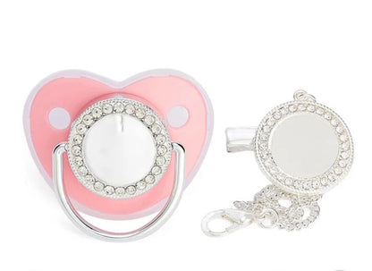 Chupeta e Prendedor Luxo Rosa/Prata - Recém Nascido - Personalizado