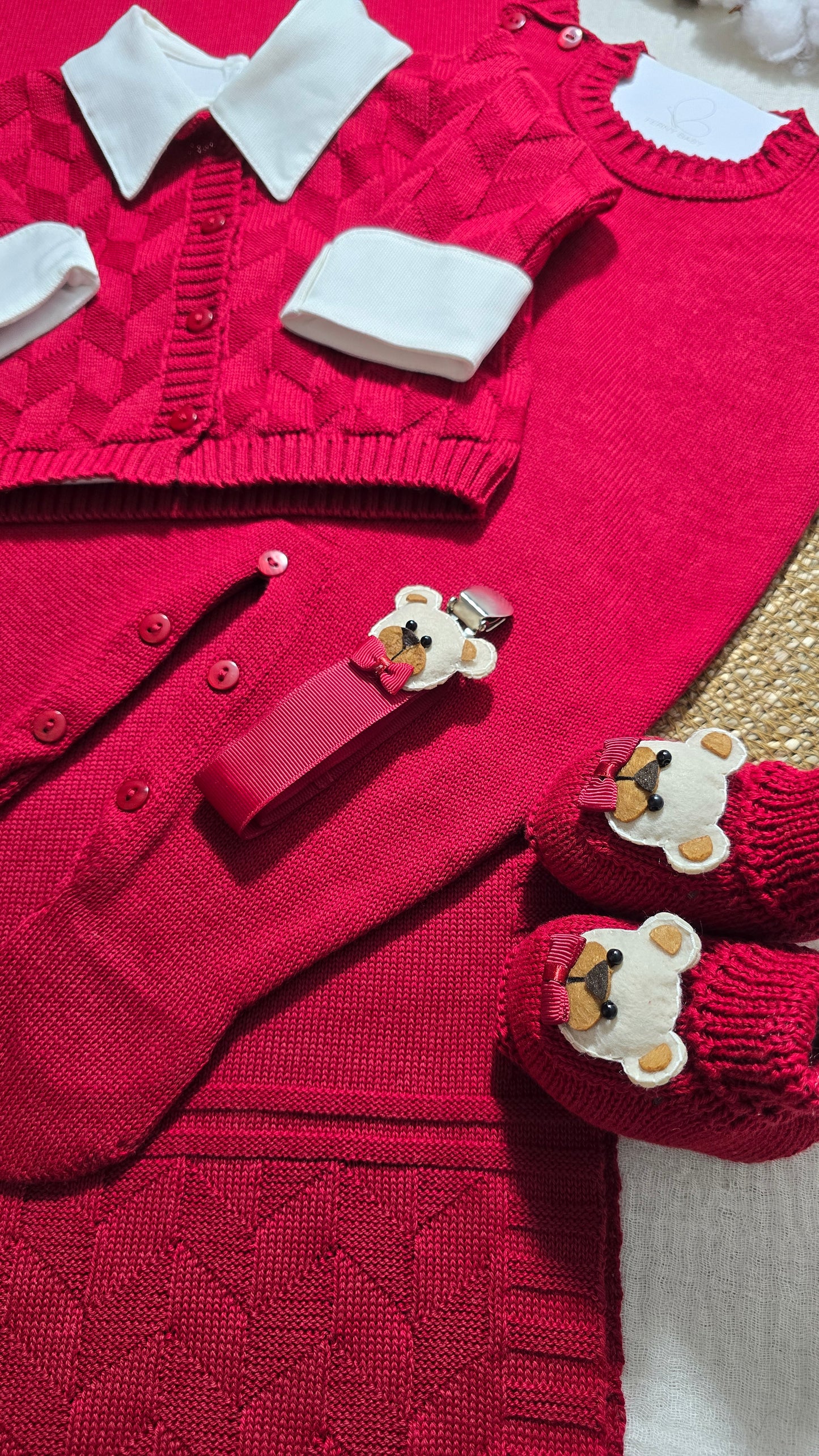 Saída de maternidade Trabalhado Vermelho - Recém Nascido