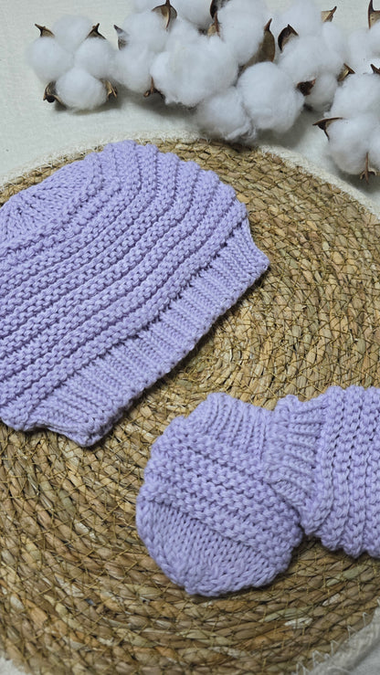 Gorro e luva em tricô Lavanda
