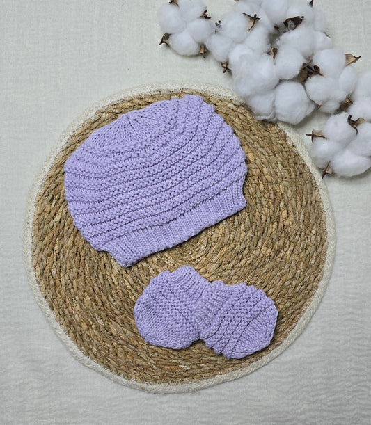 Gorro e luva em tricô Lavanda