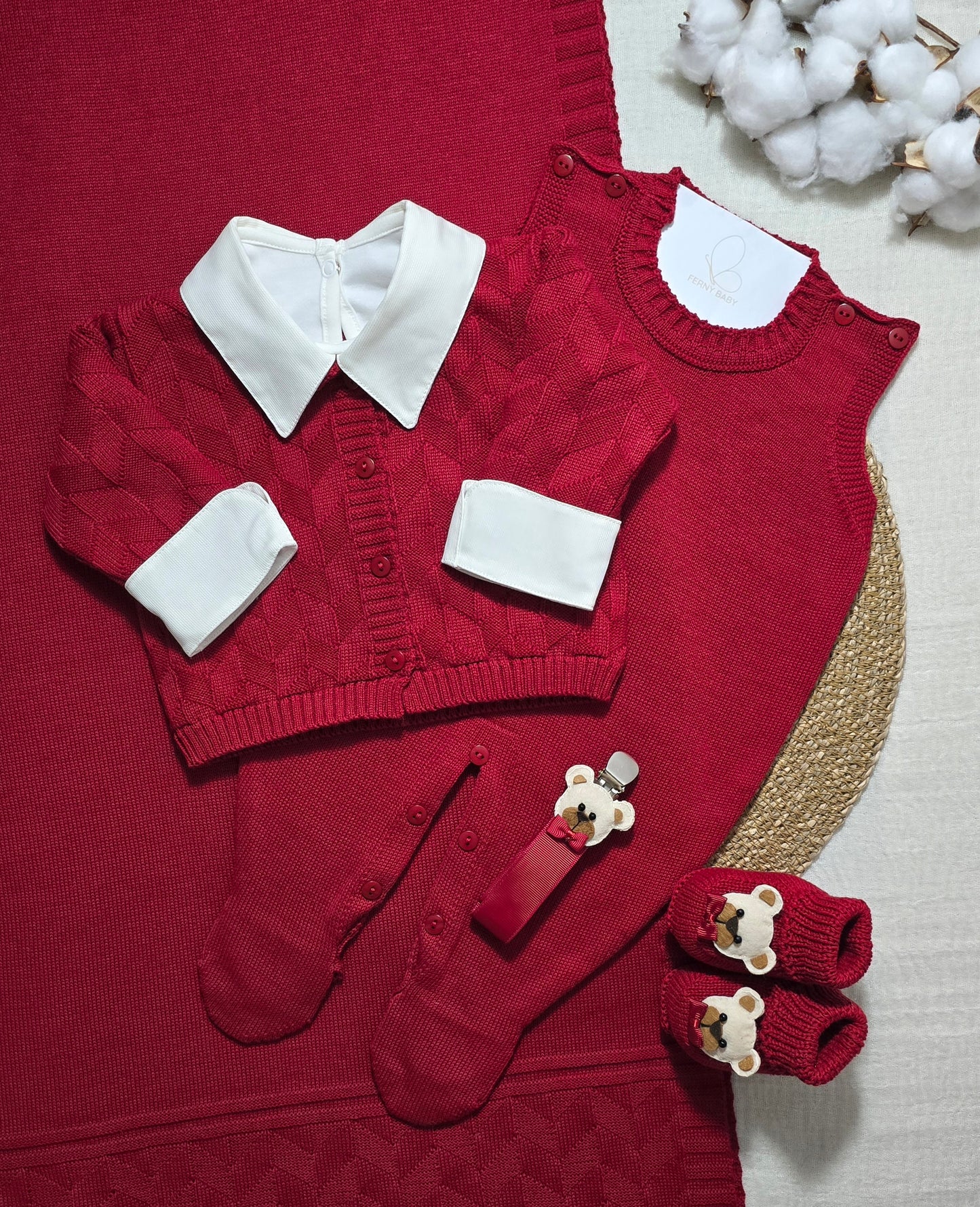 Saída de maternidade Trabalhado Vermelho - Recém Nascido