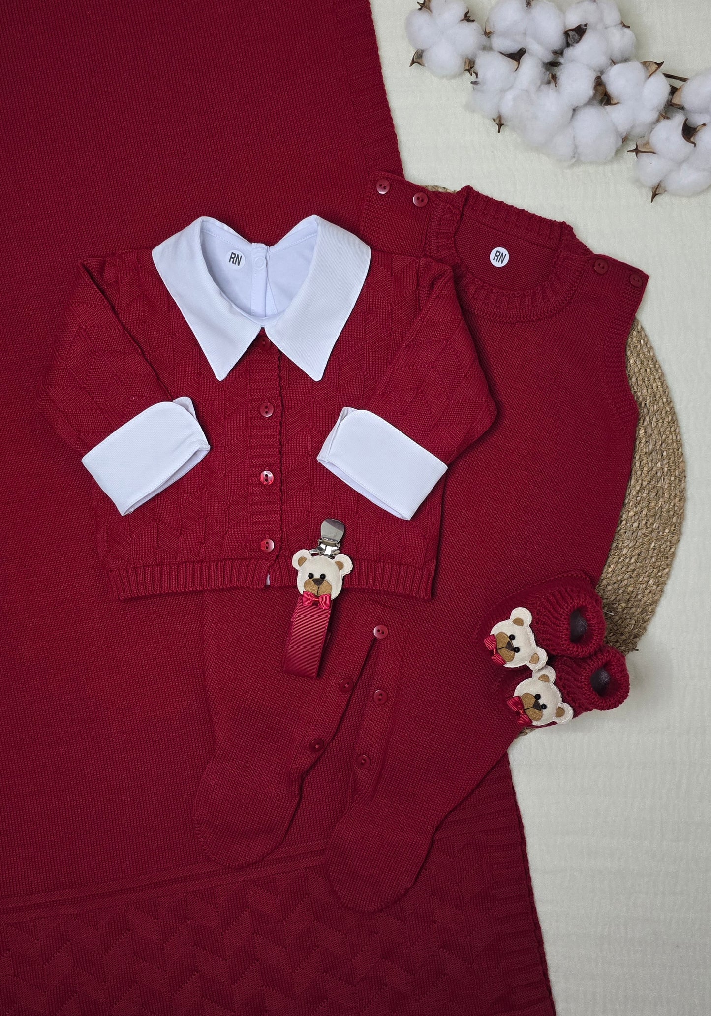 Saída de maternidade Trabalhado Vermelho - Recém Nascido