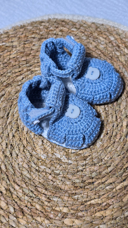 Sapatinho de Crochê Artesanal – 100% Algodão Premium (Recém-Nascido) Azul/Suave/Urso